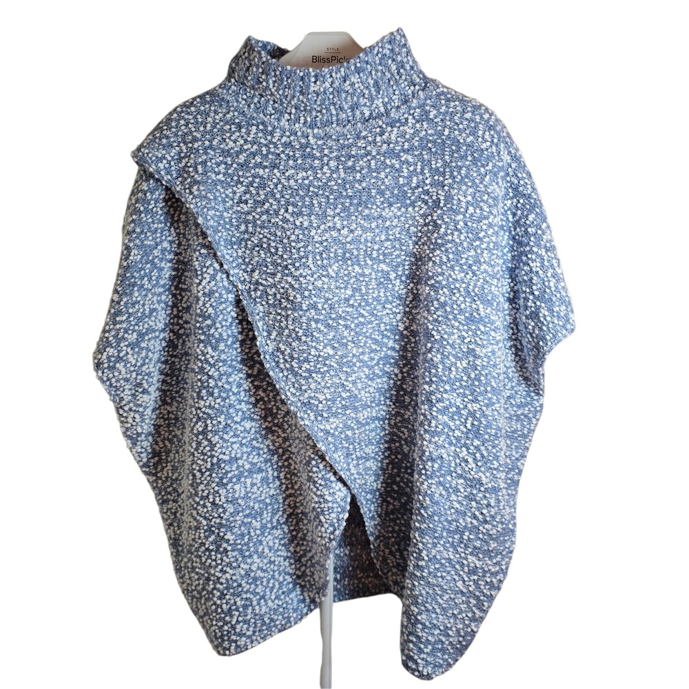 Elan Blue Bouclé Knit Poncho‎ Sweater High Neck Asymmetrical One Size